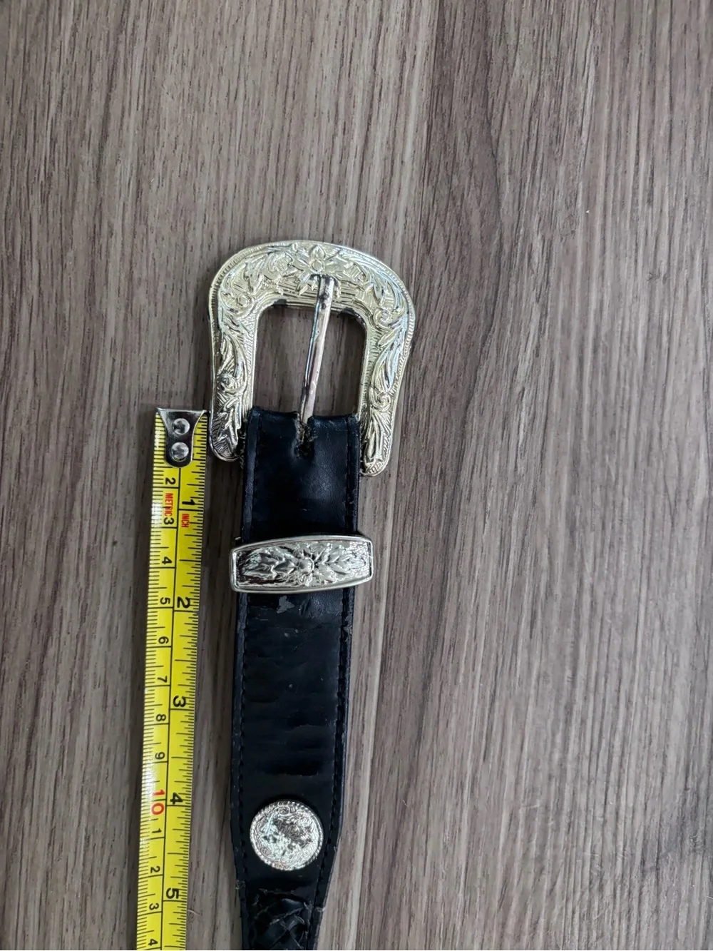 Kids Black Leather Western-Style Belt with Ornate Silver Buckle